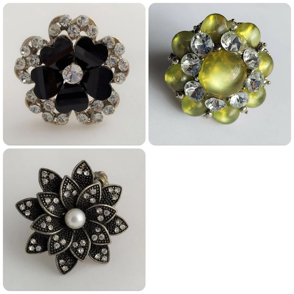 Flower Fashion Adjustable Rings Lot of 3 Rhinestone Faux Pearl Green Silver Tone - Picture 1 of 11